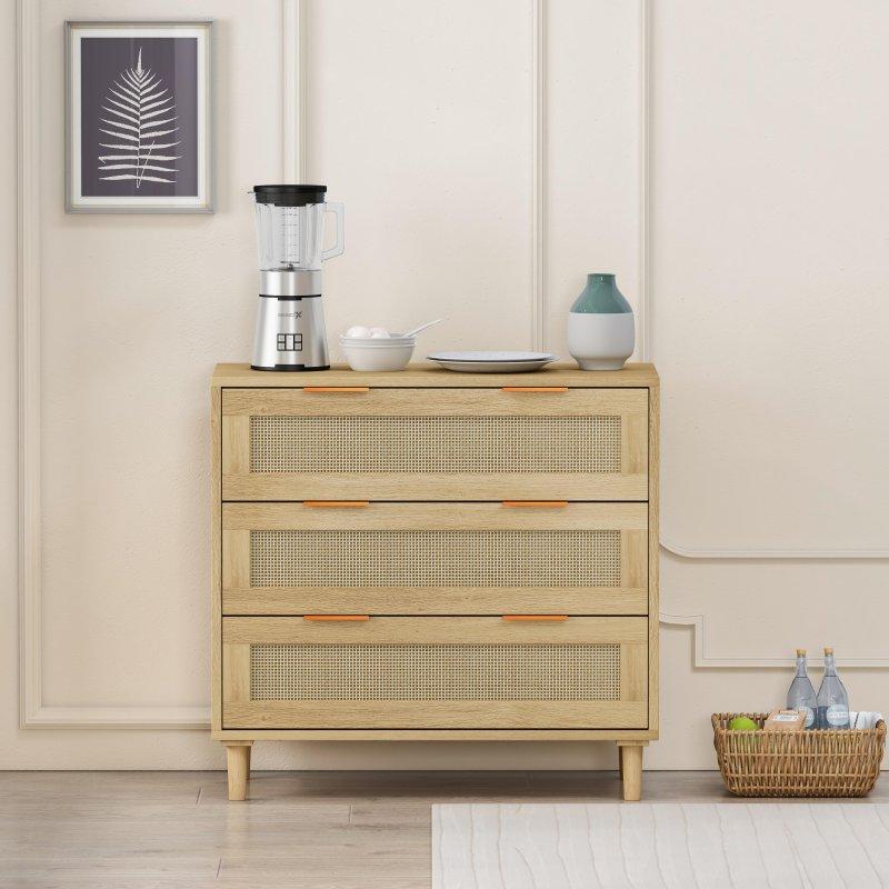 Siyah ve Naturel Rattan Detaylı 3 Çekmeceli MDF Şifonyer - 81x40x77 cm - 307243