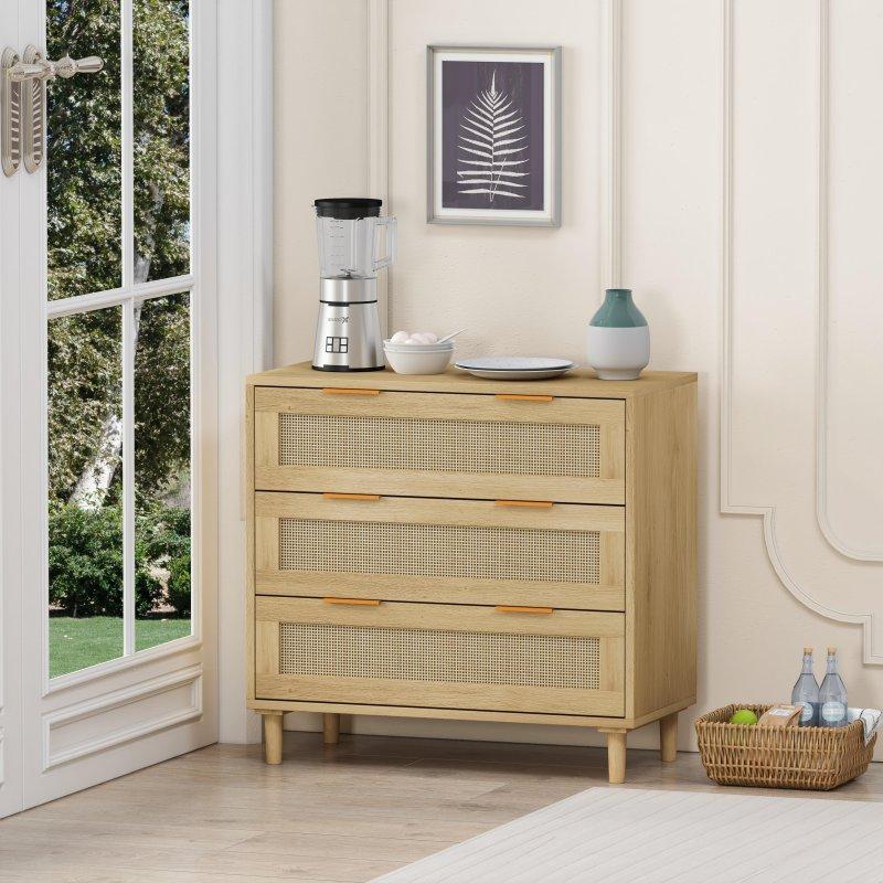 Siyah ve Naturel Rattan Detaylı 3 Çekmeceli MDF Şifonyer - 81x40x77 cm - 307243