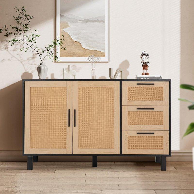 Siyah ve Naturel Rattan MDF Çekmeceli Bohem Konsol - 120x40x75 cm - 325634