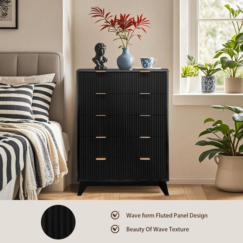 Siyah ve Naturel Yivli 5 Çekmeceli MDF Şifonyer - 307191
