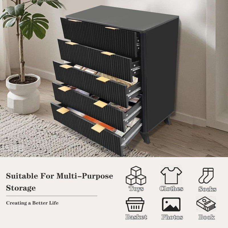 Siyah ve Naturel Yivli 5 Çekmeceli MDF Şifonyer - 307191