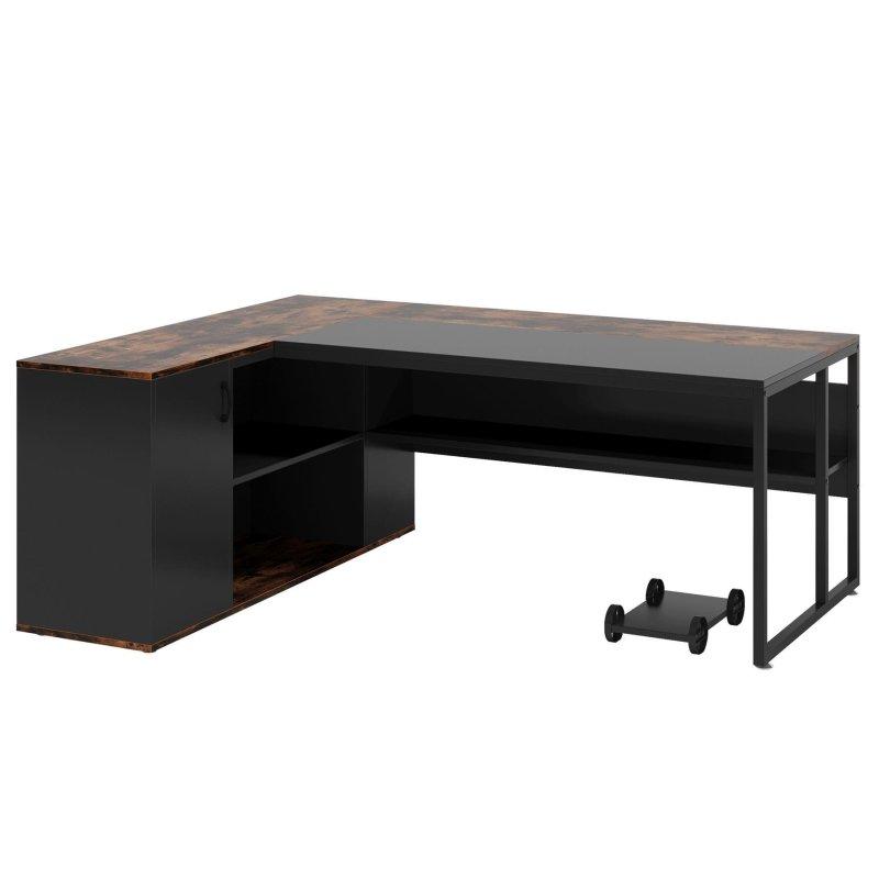Siyah ve Rustik Kahverengi Metal Çerçeveli L Tipi Depolama Kabinli Raflı Yönetici Ofis Masası - 181 cm - 325736