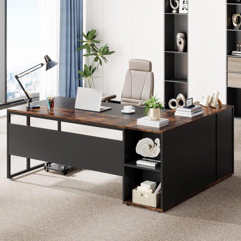 Siyah ve Rustik Kahverengi Metal Çerçeveli L Tipi Depolama Kabinli Raflı Yönetici Ofis Masası - 181 cm - 325736 Siyah ve Rustik Kahverengi Metal Çerçeveli L Tipi Depolama Kabinli Raflı Yönetici Ofis Masası - 181 cm - 325736