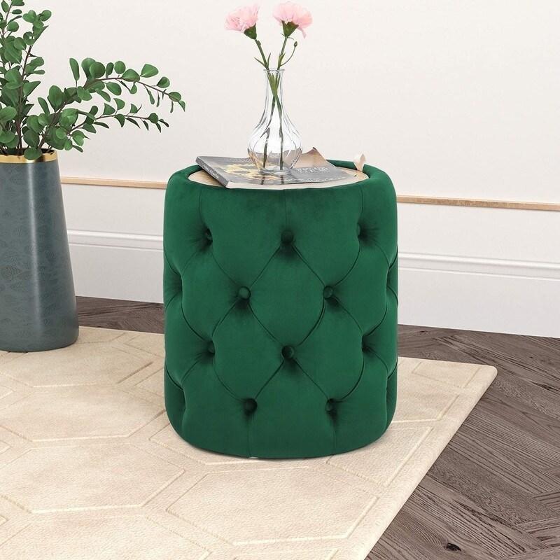Siyah Yeşil Kadife Ahşap Kapaklı Saklama Alanlı Kapitoneli Yuvarlak Orta Sehpa - 39x45 cm - 239632