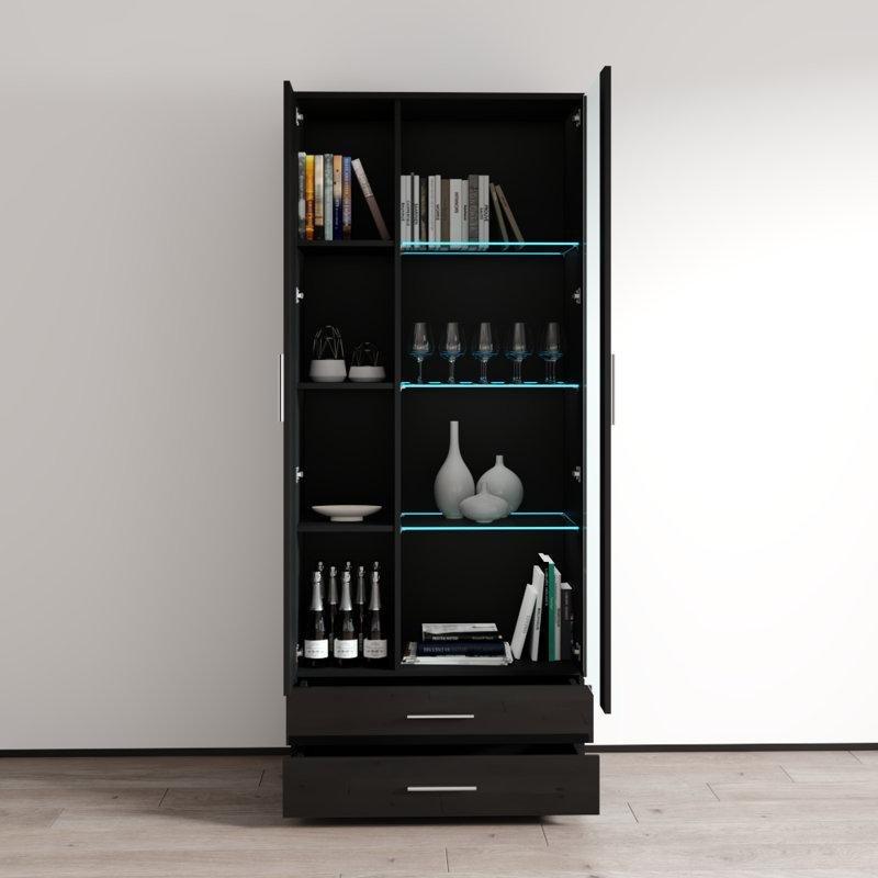 Siyah Yonga Levha LED Aydınlatmalı Çekmeceli Parlak Yüzeyli Cam Kapaklı Kitaplık - 192x80 cm - 238355