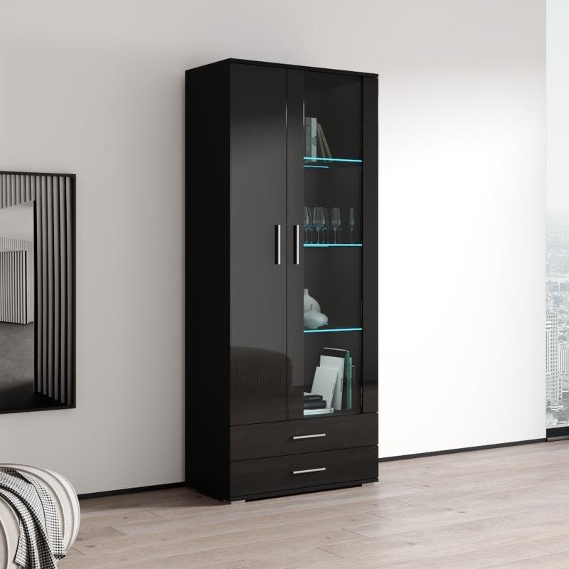 Siyah Yonga Levha LED Aydınlatmalı Çekmeceli Parlak Yüzeyli Cam Kapaklı Kitaplık - 192x80 cm - 238355