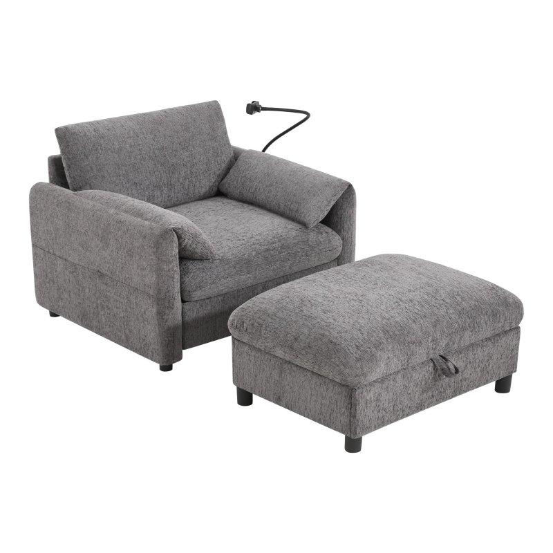 Şönil Kumaş Ahşap Saklama Alanlı Puflu ve USB Portlu Bohem Koltuk - 97x149x82 cm - 279571
