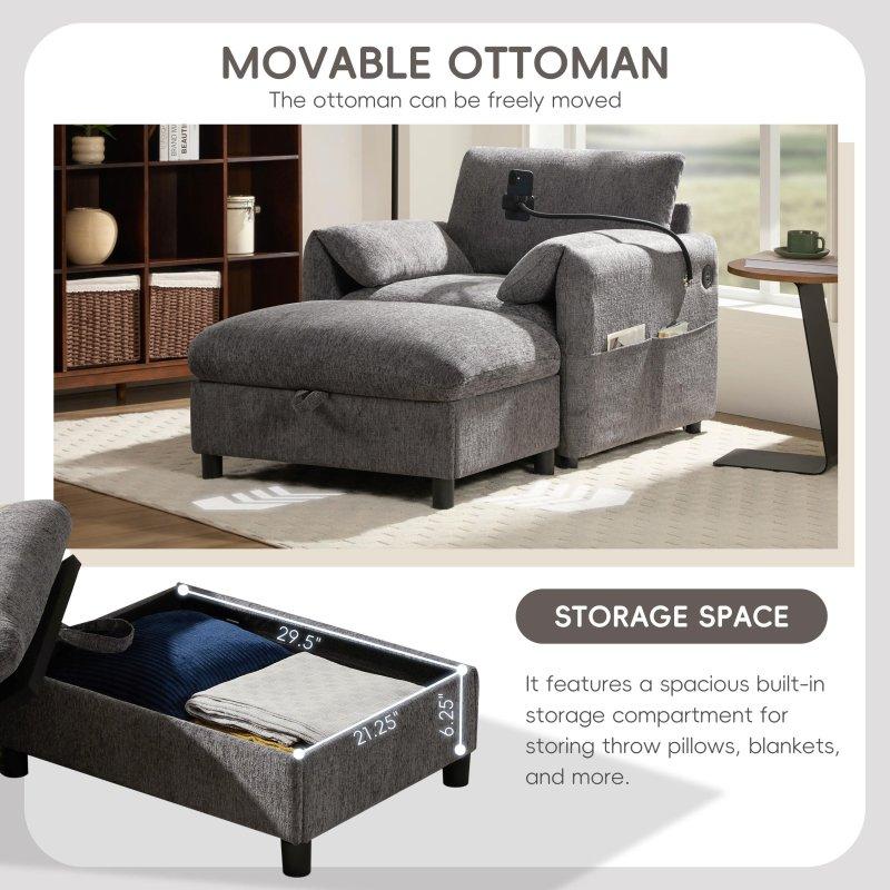 Şönil Kumaş Ahşap Saklama Alanlı Puflu ve USB Portlu Bohem Koltuk - 97x149x82 cm - 279571