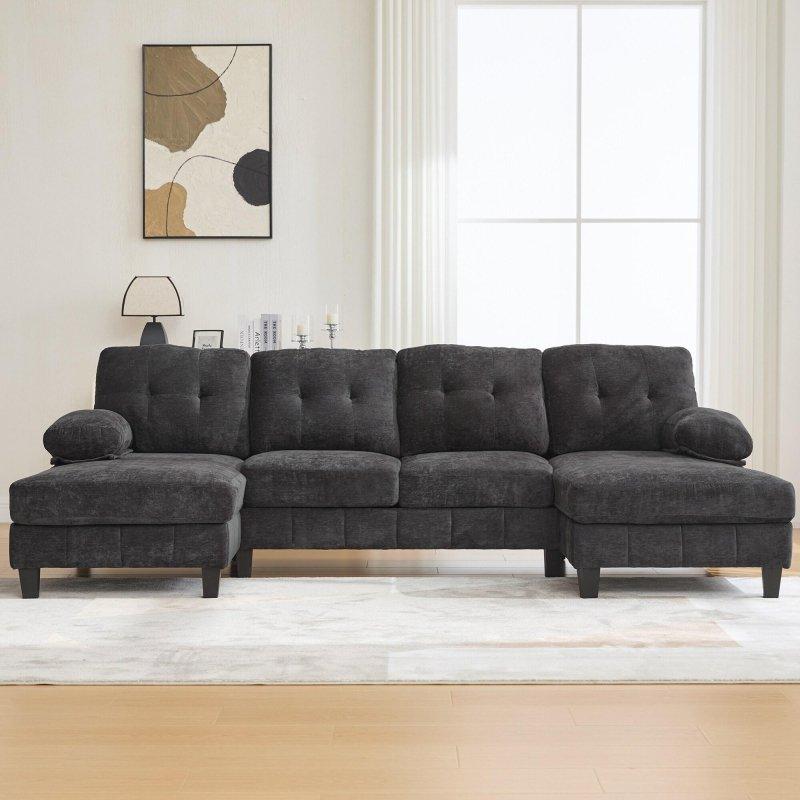 Şönil Kumaş Çift Uzanmalı Kapitoneli Saklama Cepli U Köşe Koltuk Takımı - 263x136 cm - 255516