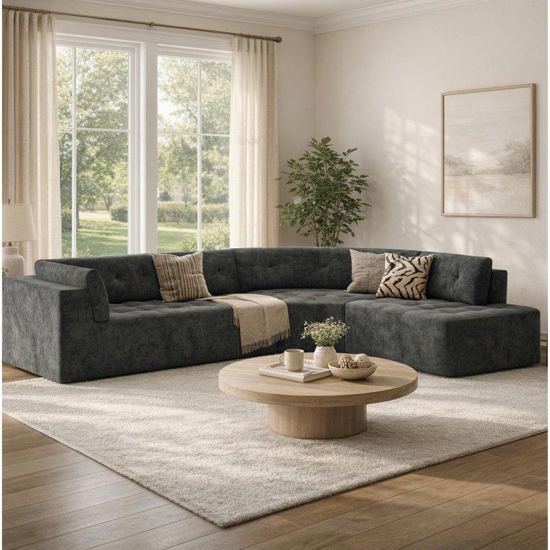 Şönil Kumaş Kapitoneli Kavisli Sağ Köşe Koltuk - 303x236 cm - 259823
