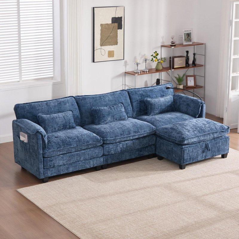 Şönil Kumaş Modüler Sandıklı Puflu ve Şarj Portlu Köşe Koltuk - 286x136 cm - 257788