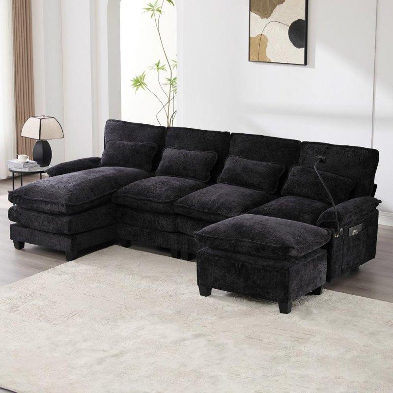 Şönil Kumaş U-Şekilli Modüler Köşe Koltuk Saklama Alanlı Puflu ve Dahili USB Portlu - 271x140 cm - 260097