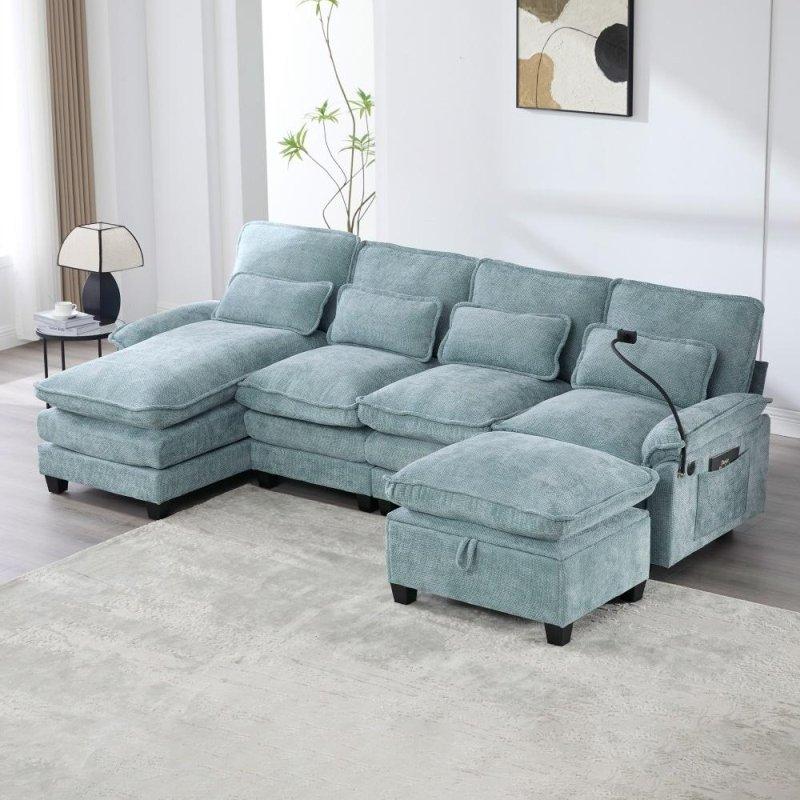 Şönil Kumaş U-Şekilli Modüler Köşe Koltuk Saklama Alanlı Puflu ve Dahili USB Portlu - 271x140 cm - 260097