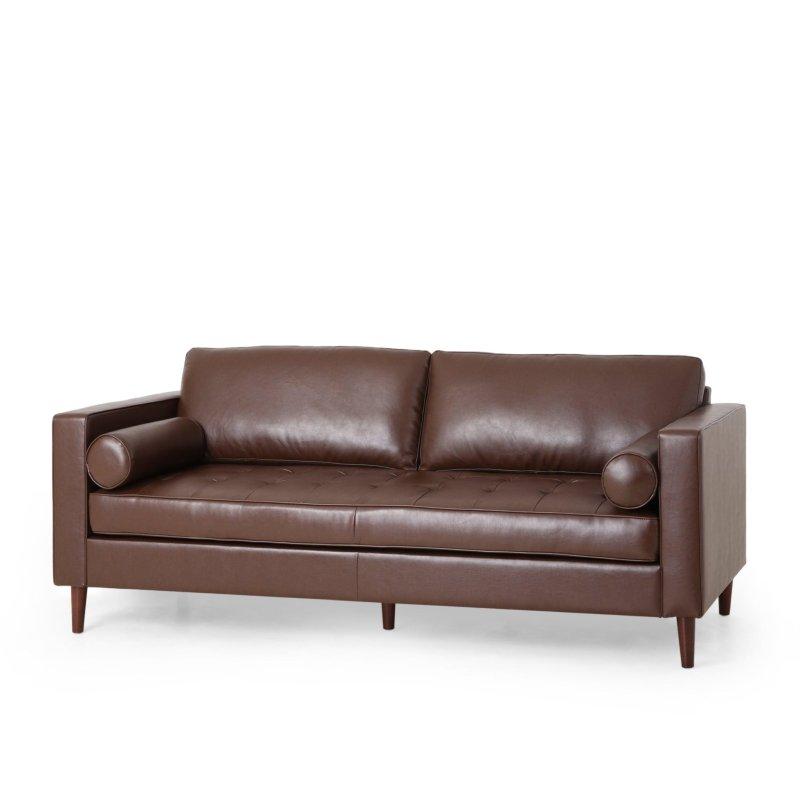 Suni Deri Düğme Detaylı Huş Ağacı Ayaklı 3 Kişilik Bohem Koltuk - 209x84 cm - 289205