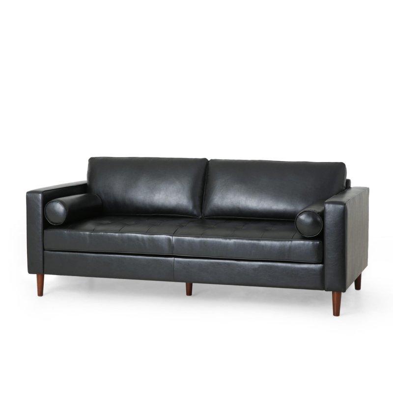Suni Deri Düğme Detaylı Huş Ağacı Ayaklı 3 Kişilik Bohem Koltuk - 209x84 cm - 289205