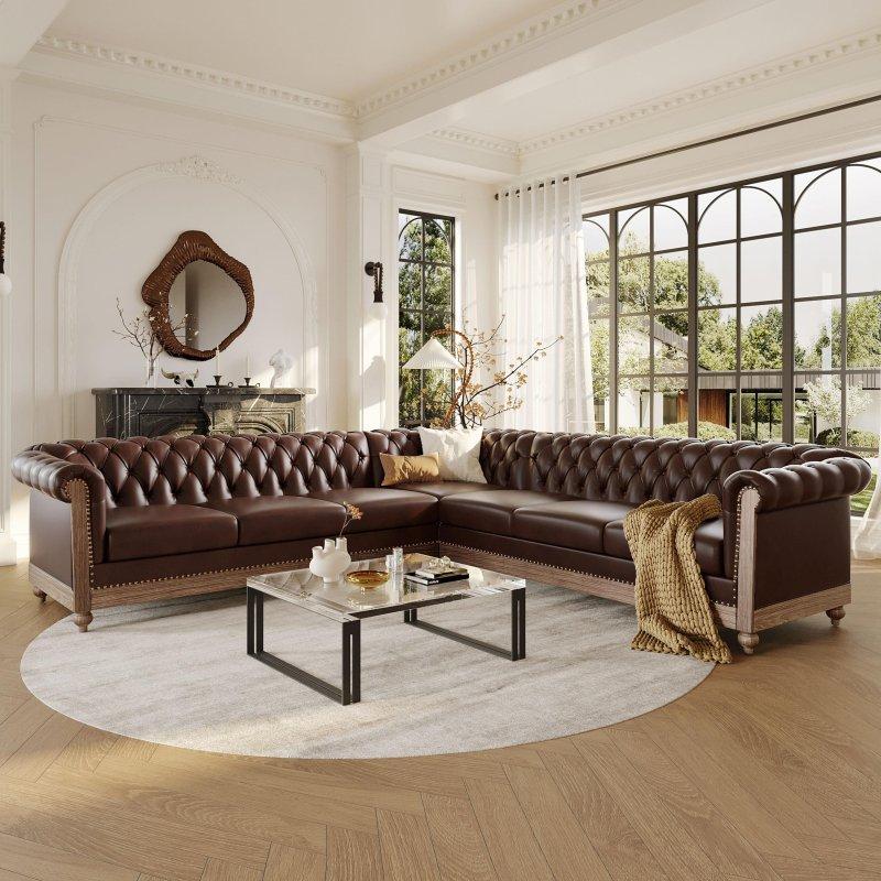 Suni Deri Huş Ağacı Kapitoneli Zımba Detaylı Chesterfield Köşe Koltuk - 267x267 cm - 254976