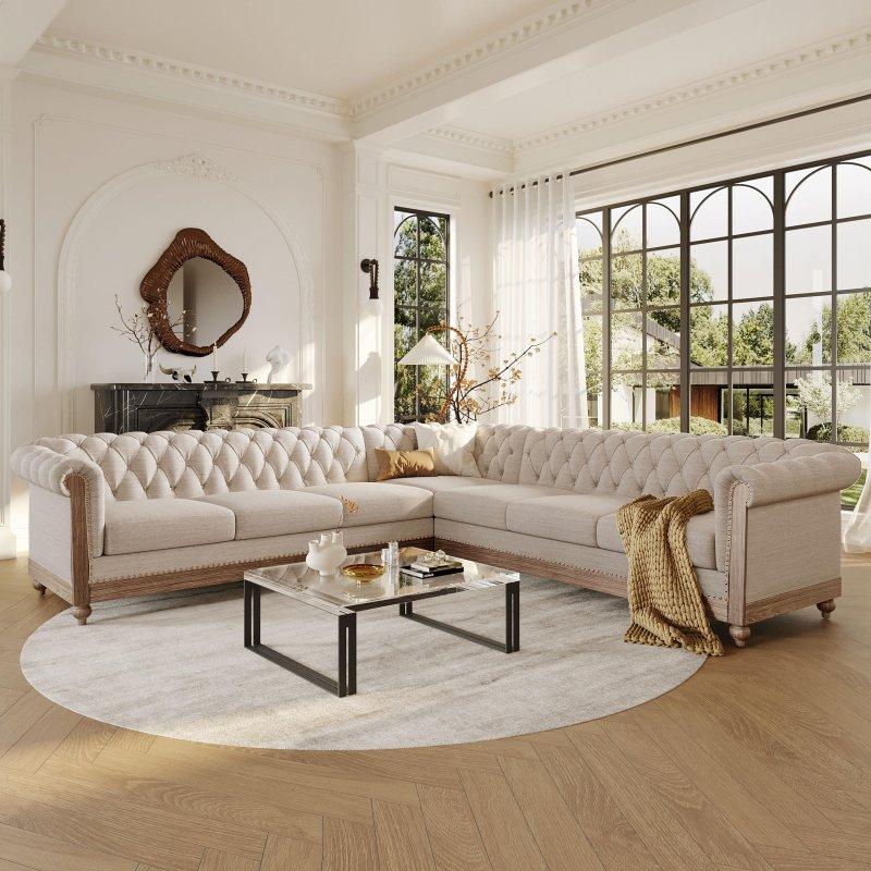 Suni Deri Huş Ağacı Kapitoneli Zımba Detaylı Chesterfield Köşe Koltuk - 267x267 cm - 254976