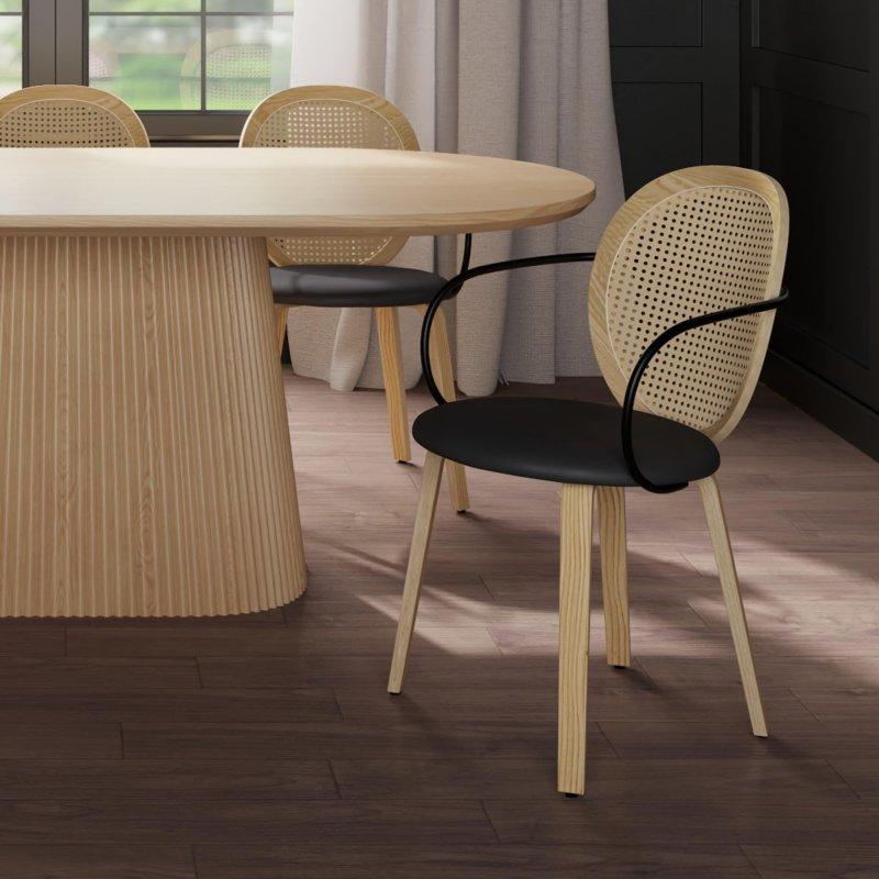 Suni Deri Minderli Siyah Metal Kollu Açık Meşe Bükme Ahşap Rattan Sandalye 2li Set - 251869