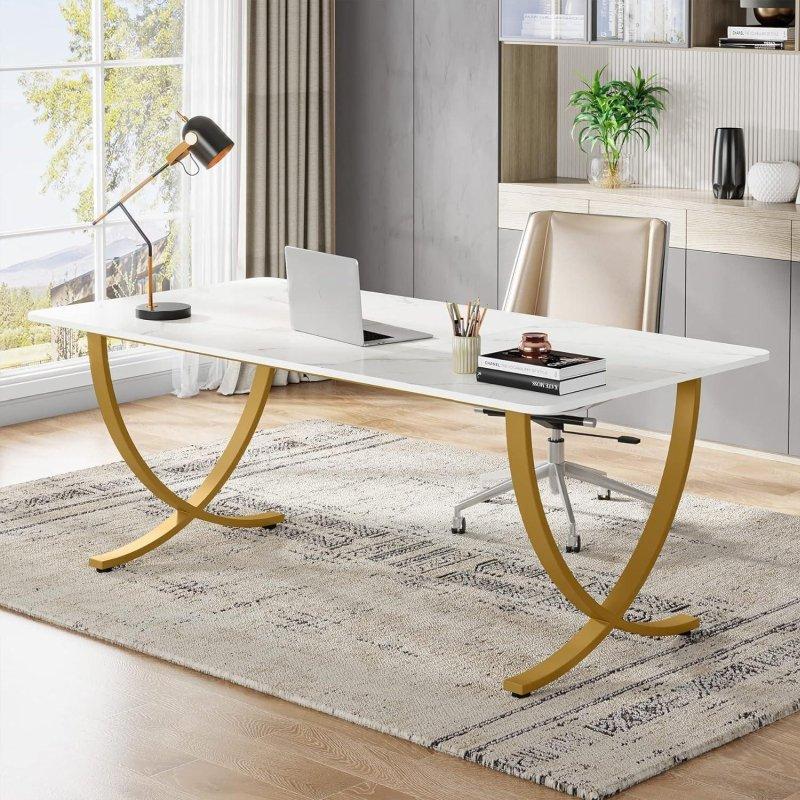 Suni Mermer Tablalı Beyaz ve Gold Metal Modern Ofis Masası - 160x81 cm - 326920 Suni Mermer Tablalı Beyaz ve Gold Metal Modern Ofis Masası - 160x81 cm - 326920