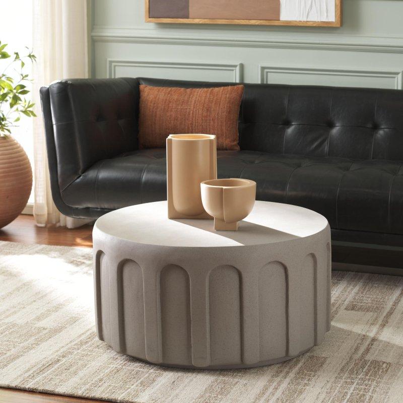 Suni Mermer ve Beton Dokulu Kemerli Kabartma Detaylı Yuvarlak Orta Sehpa - 77x36 cm - 241570