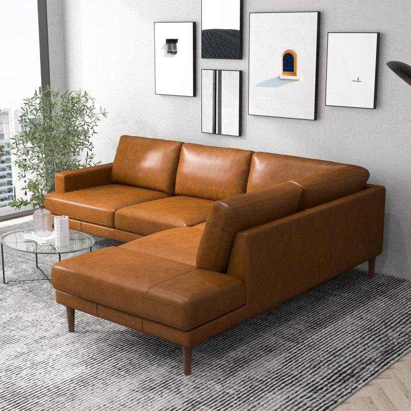 Taba Hakiki Deri Masif Ahşap Ayaklı Modüler Yönü Değiştirilebilir Köşe Koltuk - 274x230 cm - 255356