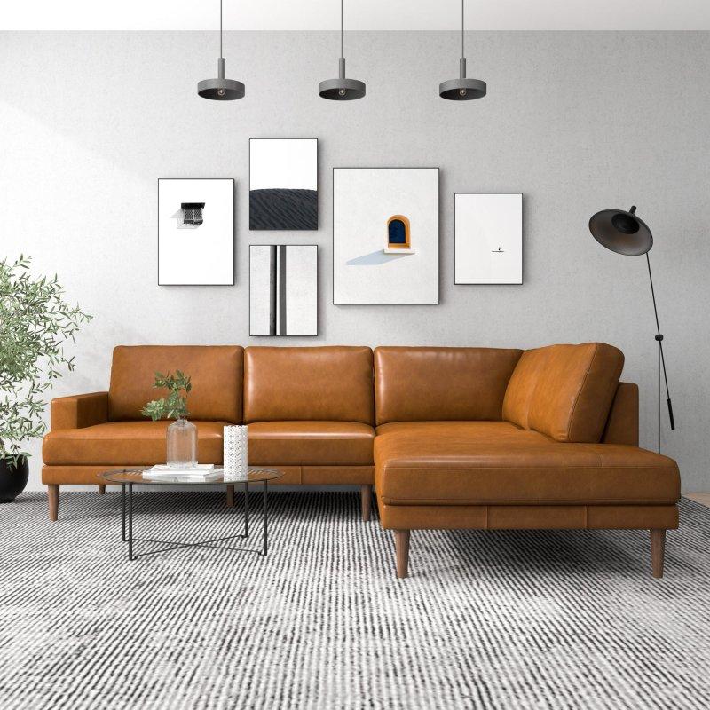 Taba Hakiki Deri Masif Ahşap Ayaklı Modüler Yönü Değiştirilebilir Köşe Koltuk - 274x230 cm - 255356