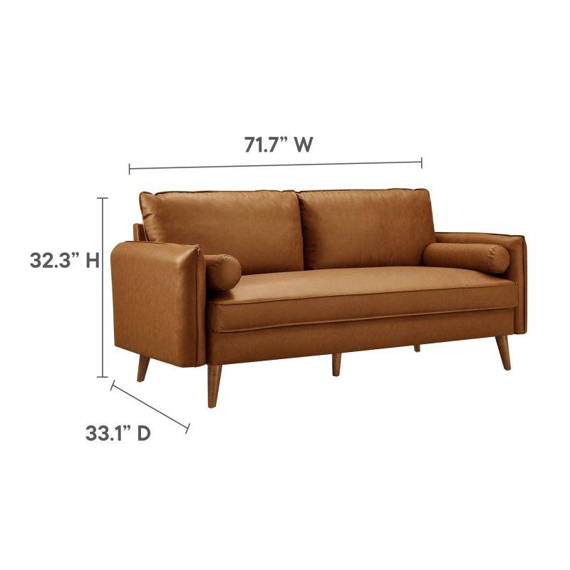 Taba Rengi Suni Deri Ahşap Ayaklı İki Silindir Yastıklı Bohem Koltuk - 182 cm - 283083