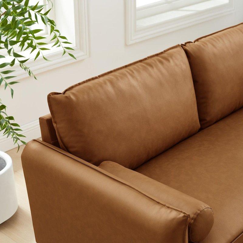 Taba Rengi Suni Deri Ahşap Ayaklı İki Silindir Yastıklı Bohem Koltuk - 182 cm - 283083