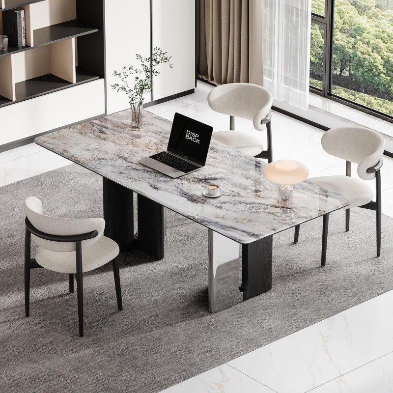Tavus Kuşu Tüyü Desenli Sinterlenmiş Taş Tablalı ve Siyah Masif Ahşap Ayaklı Modern Ofis Masası - 201 cm - 325694
