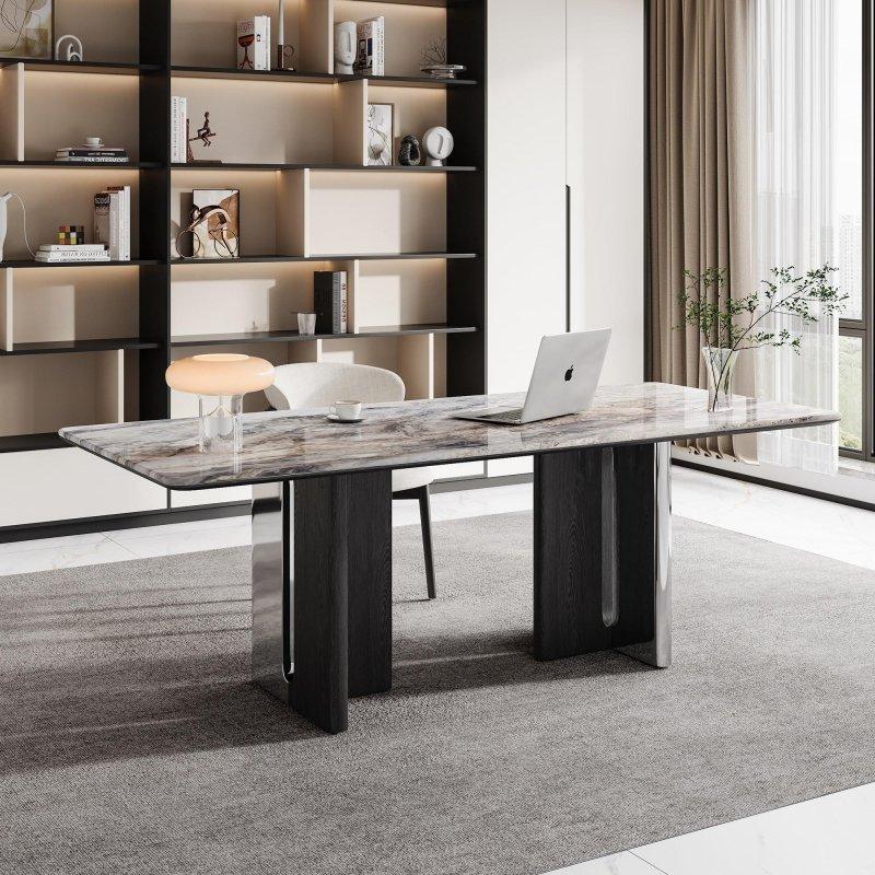 Tavus Kuşu Tüyü Desenli Sinterlenmiş Taş Tablalı ve Siyah Masif Ahşap Ayaklı Modern Ofis Masası - 201 cm - 325694