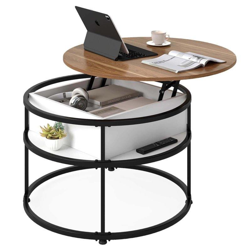 Teak ve Siyah Ahşap Metal Kaldırılabilir Tablalı Gizli Bölmeli Yuvarlak Akıllı Sehpa - 80 cm - 253738