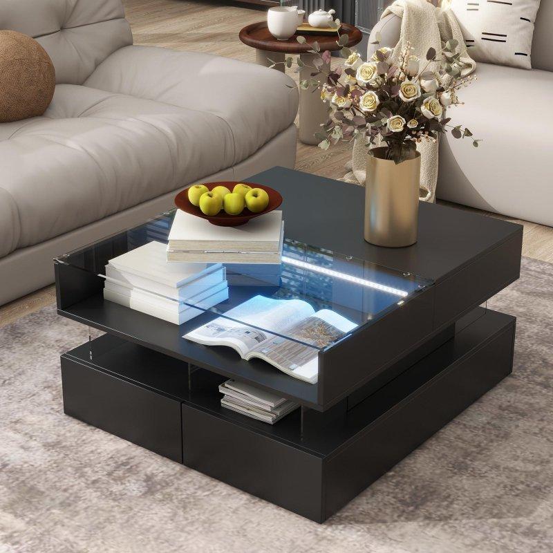 Temperli Cam ve MDF LED Aydınlatmalı Asansörlü Çekmeceli Akıllı Sehpa - 253722