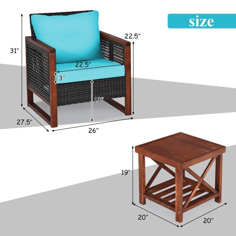 Turkuaz Rattan ve Akasya Ahşap 2 Raflı Sehpalı Bahçe Takımı - 271521
