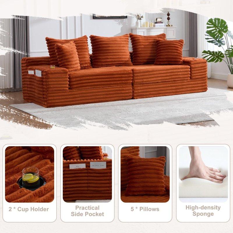 Turuncu Fitilli Kadife Bardaklıklı ve Yataklı 3 Kişilik Bohem Koltuk - 273x98x87 cm - 288855