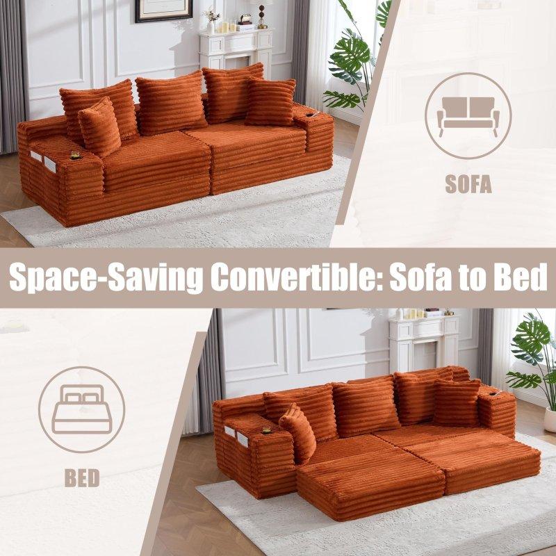 Turuncu Fitilli Kadife Bardaklıklı ve Yataklı 3 Kişilik Bohem Koltuk - 273x98x87 cm - 288855