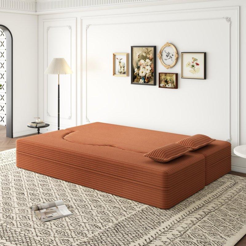 Turuncu Fitilli Kadife Katlanabilir Yataklı 2 Yastıklı Bohem Koltuk - 199x115 cm - 286973