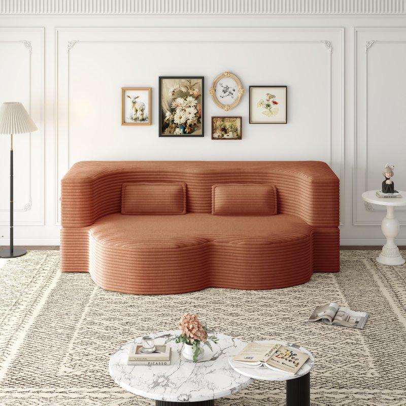 Turuncu Fitilli Kadife Katlanabilir Yataklı 2 Yastıklı Bohem Koltuk - 199x115 cm - 286973