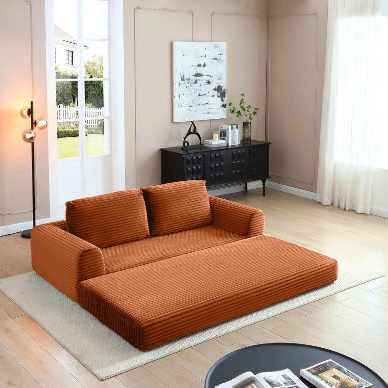 Turuncu Fitilli Kadife Katlanabilir Yataklı Bohem Koltuk - 209x95x86 cm - 292805