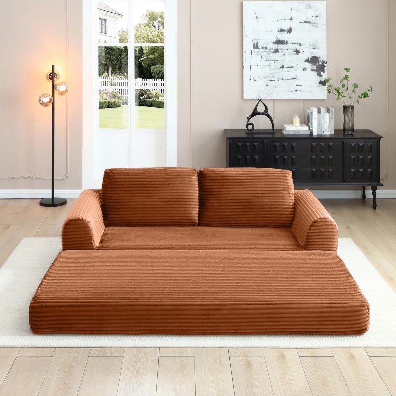 Turuncu Fitilli Kadife Katlanabilir Yataklı Bohem Koltuk - 209x95x86 cm - 292805