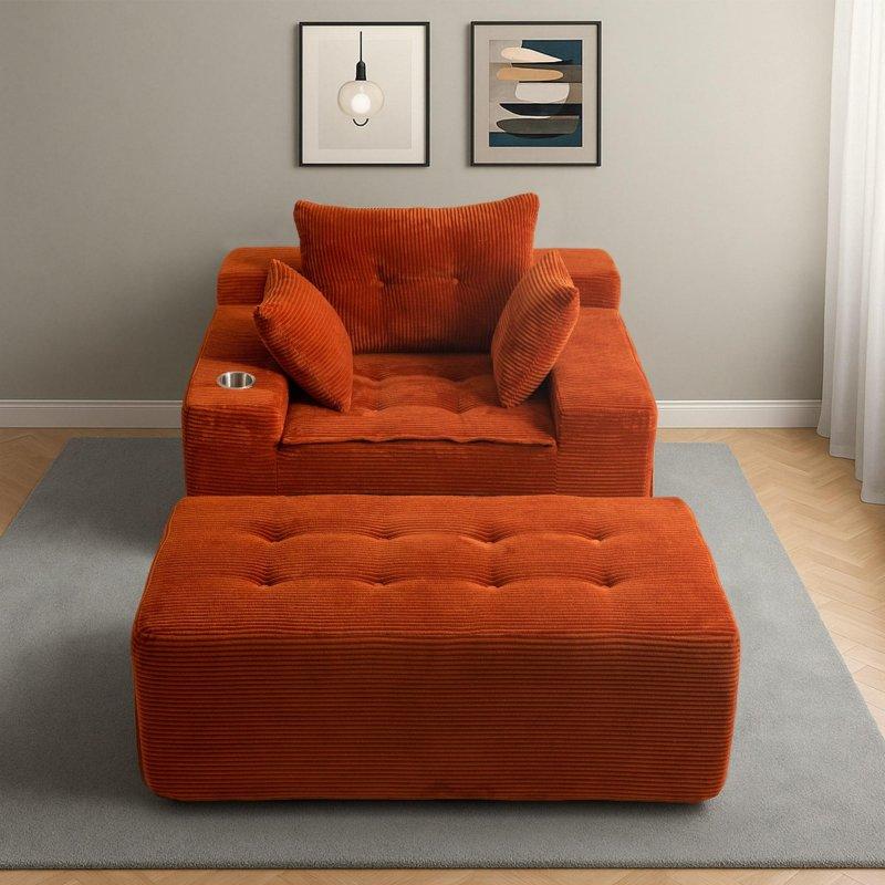 Turuncu Fitilli Kadife Kumaş Hafızalı Sünger Dolgulu Puflu Modüler Bohem Koltuk - 172x123x62 cm - 278997