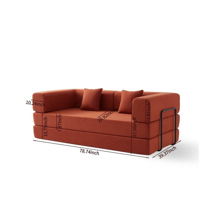 Turuncu Kadife Yataklı Katlanabilir Silindir Yastıklı Bohem Koltuk - 200x100x70 cm - 289854