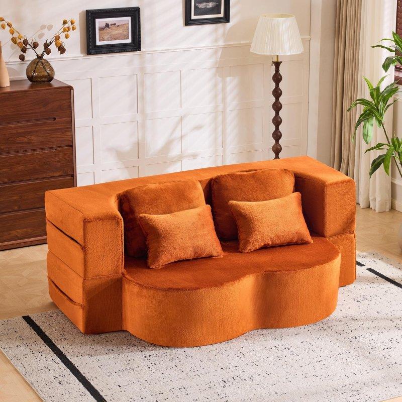 Turuncu Pelüş Kumaş Katlanabilir 4 Yastıklı Modern Bohem Koltuk - 204x143 cm - 292945