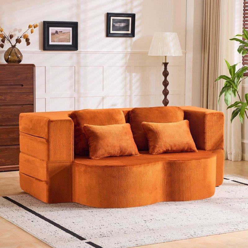 Turuncu Pelüş Kumaş Katlanabilir 4 Yastıklı Modern Bohem Koltuk - 204x143 cm - 292945