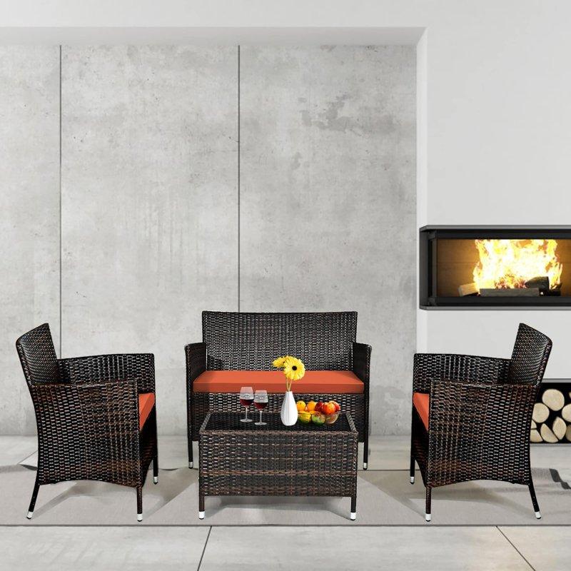 Turuncu Rattan Minderli 4 Parça Bahçe Takımı - 273970