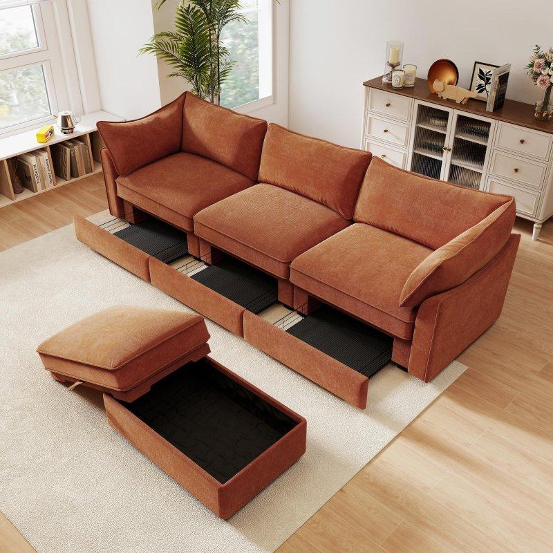 Turuncu Şönil Kumaş Modüler Saklama Alanlı Puflu Köşe Koltuk - 287 cm - 257254 Turuncu Şönil Kumaş Modüler Saklama Alanlı Puflu Köşe Koltuk - 287 cm - 257254