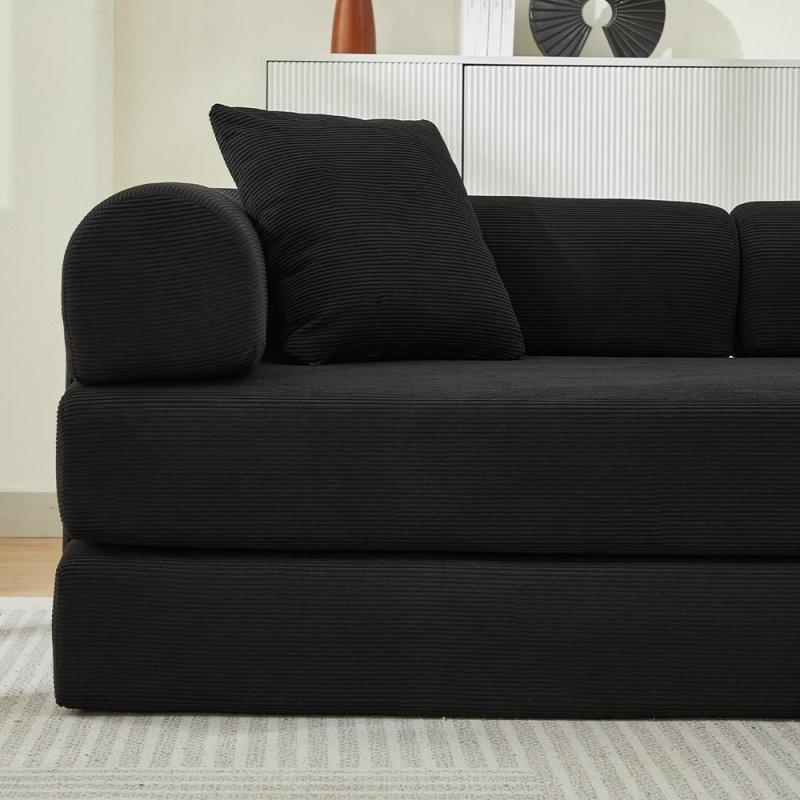 Turuncu ve Siyah Fitilli Kadife Yataklı 3 Kişilik Katlanabilir Bohem Koltuk - 200x90x75 cm - 286746