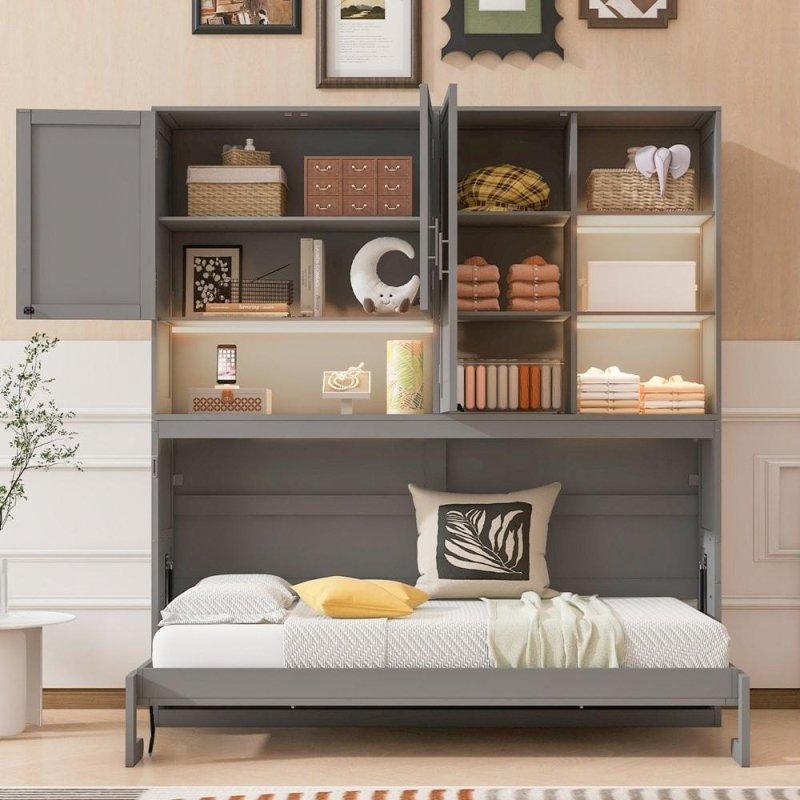 Üst Dolaplı ve Raflı MDF Tek Kişilik Duvar Yatağı - 266392