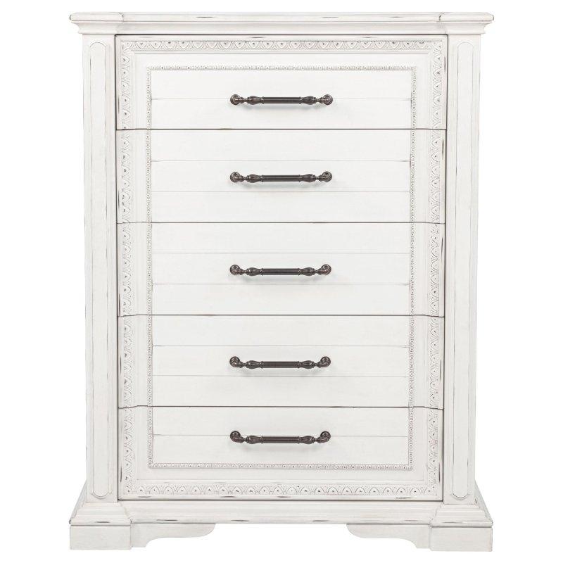 Vintage Beyaz Ahşap 5 Çekmeceli Antik Bronz Kulplu Şifonyer - 115x148x53 cm - 307352