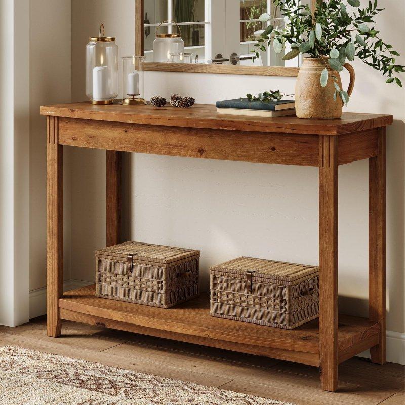 Vintage Kahverengi Masif Ahşap İki Raflı Yarım Ay Dresuar - 105x36x81 cm - 332571