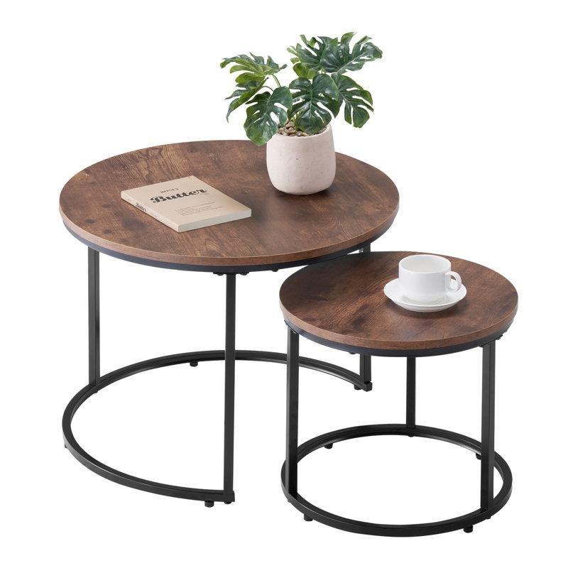Vintage Kahverengi MDF ve Siyah Çelik İç İçe Geçebilen Yuvarlak Orta Sehpa Seti - 60 cm - 244123